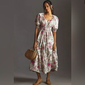 Anthropologie White and Pink Ruffled Tiered Sundress